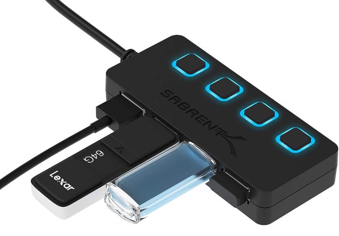 Black USB 2.0 Hub with four USB 2.0 ports and individual blue LED-lit power switches for each port