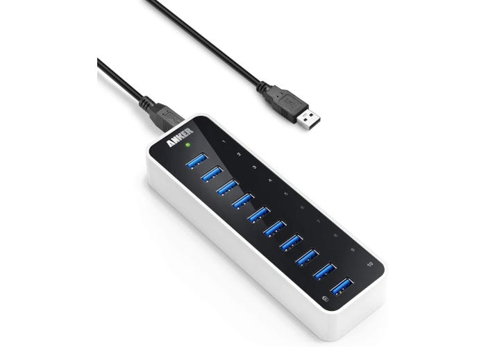 White and Black USB 3.0 hub with 10 USB 3.0 ports and LED operating indicator lights