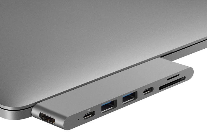 Space gray USB-C hub with two USB 3.0 ports, USB-C data port, charging port, and MicroSD and SD card readers