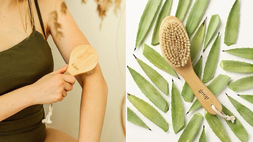 A woman using a dry brush on her arm; a dry brush on top of aloe pieces