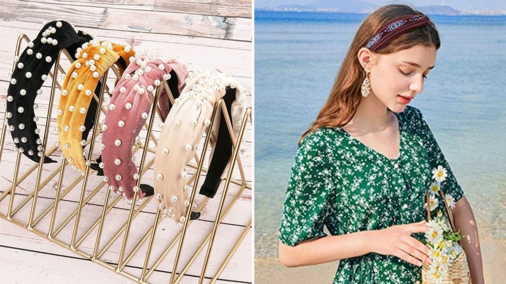 Four headbands on a headband rack; a woman wearing a floral headband and dress