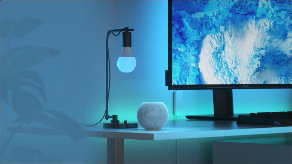 An Apple HomePod mini serving as a Thread border router for Nanoleaf smart lights.