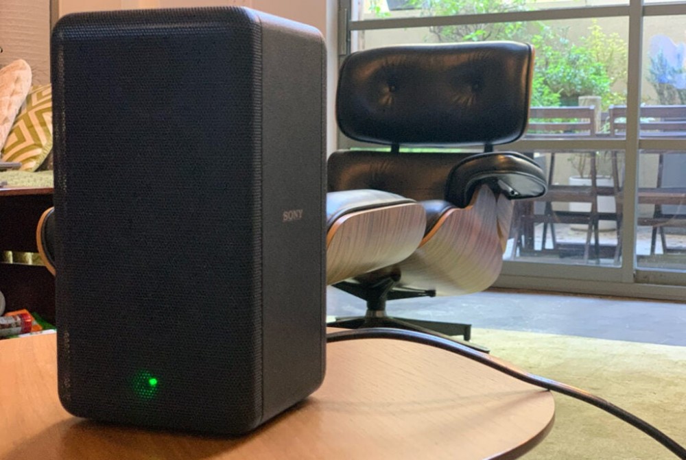 Sony speaker on a desk.