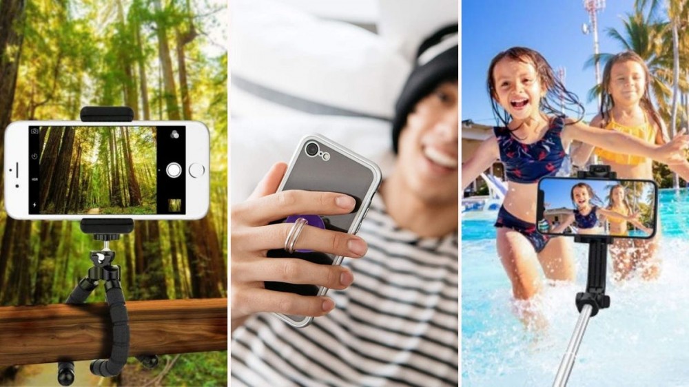 The UBeesize phone tripod attached to a rail in a forest,a man taking a selfie with the Aduro finger ring on his phone, and someone taking a photo of two little girls in a pool with the Yuzon Selfie Stick.