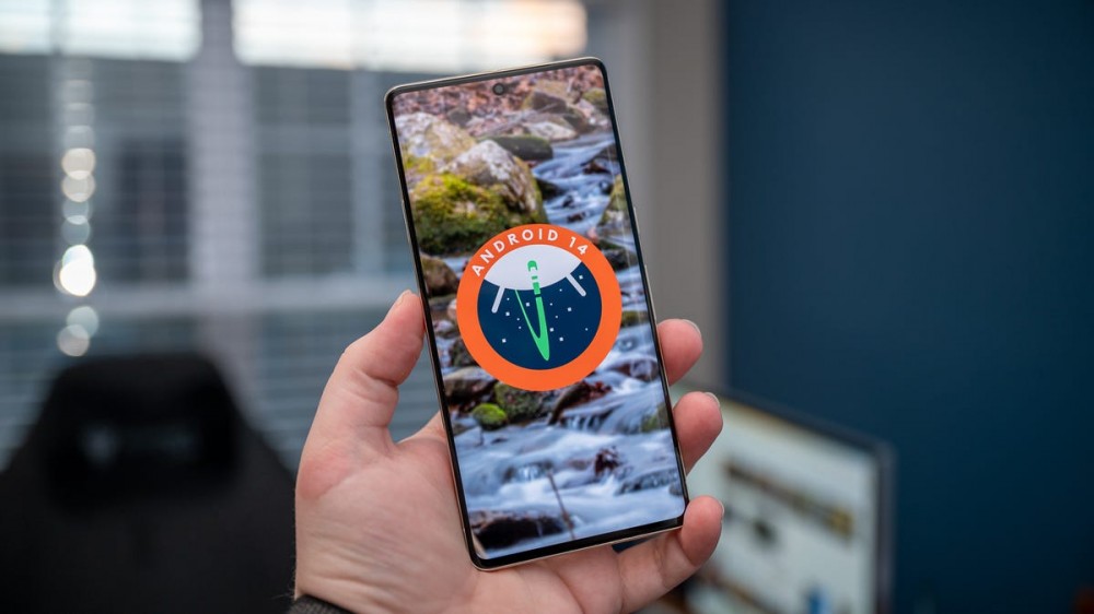 Android 14 Developer Preview icon on a Google Pixel 7 Pro with a river wallpaper