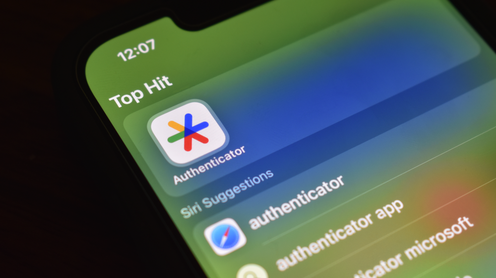 Google Authenticator app in an iPhone's spotlight search.