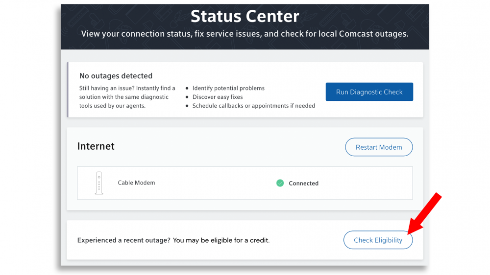 image of Xfinity Status Center with Report an Outage highlighted