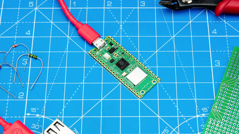 Raspberry Pi Pico W on a workbench.