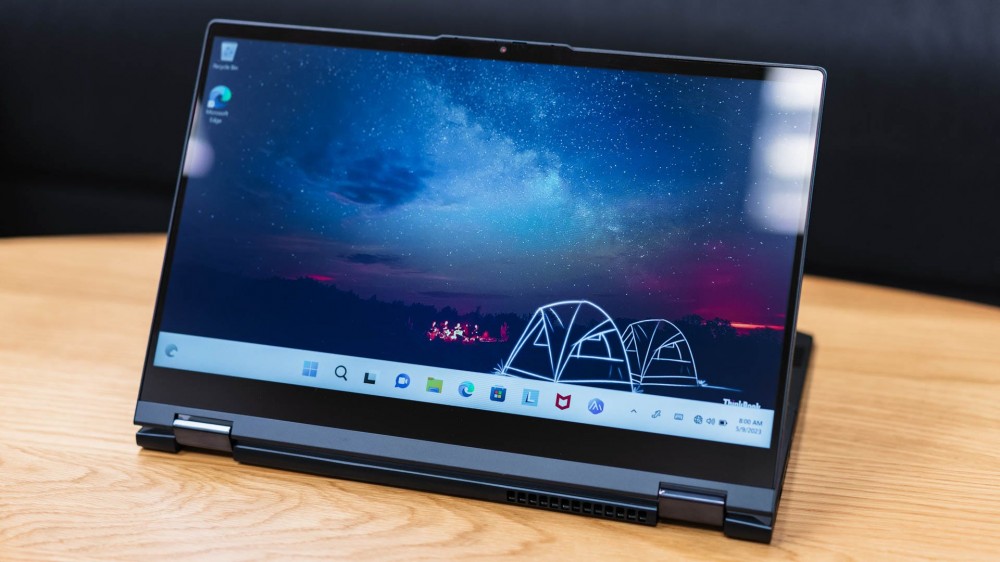 The Lenovo ThinkBook 14s Yoga Gen 3 in tablet mode standing up